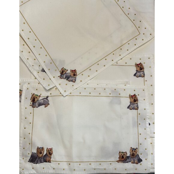 Set Of 4 White Embroidered Yorkie Placemats & Napkins Danbury Mint - Picture 3 of 13